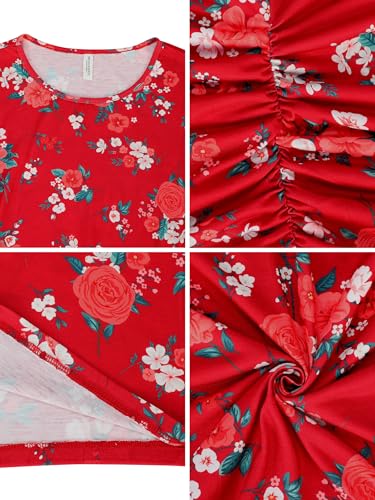 Image of Missufe Women's Short Sleeve Ruched Bodycon Casual Knee Length Floral Dress (Red Floral Short Sleeve, Large)