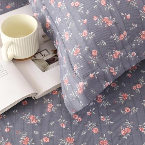 Image of Story@Home King Size Air Cotton Fitted Bedsheet 240 TC Fitted Sheet with 2 Pillow Covers, Soft & Durable Bed Sheet for King Bed (182 x 198 cm, Floral Print, Dark Grey)