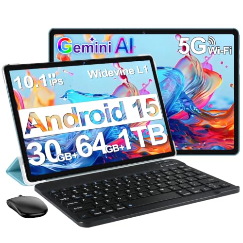 Image of DMOAO Tablet, 2026 Android 15 Tablet with Gemini AI, 10.1 Inch FHD Display, 30GB RAM 64GB ROM /1TB TF, 6000mAh Battery, Octa-Core 2.0GHz, Widevine L1, 2 in 1 Tablets with Keyboard Mouse(Blue)