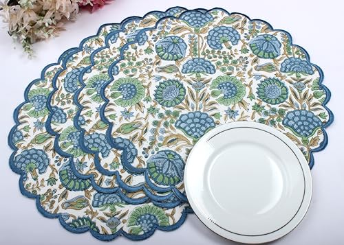 Ridhi Bo-Ho Round Place Mat Easter Floral Cotton Washable Placemats 15 Inch Round Embroidery Block Print Table Mat cover