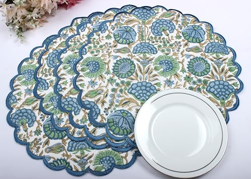 Ridhi Bo-ho Round Place Mat Double Layer Floral Cotton Washable Placemats 15" Round Embroidery Block Print Table Mat (Pack of 4-15 Inch Round, Asparagus Green)