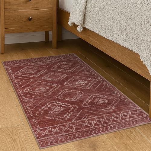 KILOCOCO Boho Entryway Rug 2x3 Printed Small Area Rug Indoor Door Mat Machine Washable Kitchen Rugs Super Soft Non Slip Throw Rugs for Bedroom Entrance Geometric Laundry Room, Burnt Orange/Red