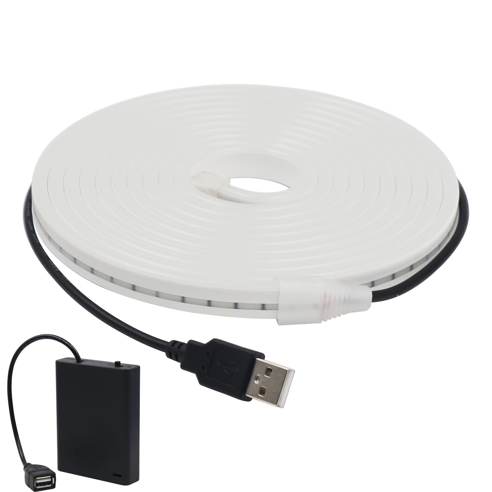 KAFULA 5V USB LED neon Strip with USB 4AA Battery Box [2M, White 6000-6500K], IP65 Waterproof and Flexible, 120 LEDs/m SMD2835 Silicone LED Strip CRI85+, Home Decoration [Battery not Included]