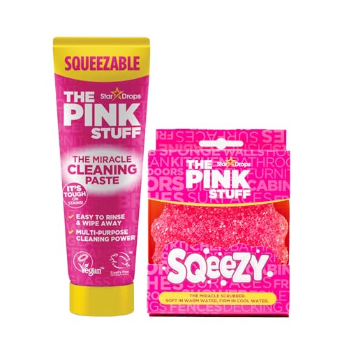 The Pink Stuff Squeezable Cleaning Paste 300g with SQeeZY Scrubber Sponge | Powerful Multi Purpose Surface Cleaner for Kitchen Bathroom Cookware Tiles Showers and More