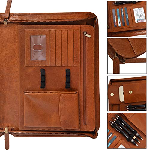 Leather Portfolio for Men and Women - Multi Pocket Zippered Padfolio Folder (Cognac Vintage)