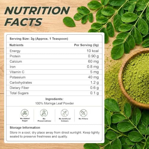 Image of Organic Moringa Leaf Powder 500g | Sahjan, Drumstick, Murungai Leaves | Ayurvedic Superfood for Energy, Immunity & Detox | Rich in Protein, Iron, Calcium, Vitamins | Natural & Lab Tested