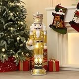 LuxenHome 3FT Tall Nutcracker Christmas Decoration, Elegant Lighted Holiday Nutcracker Soldier Statue with Wreath, Christmas Decorations Indoor, Outdoor Figures for Front Porch, Gold and Silver