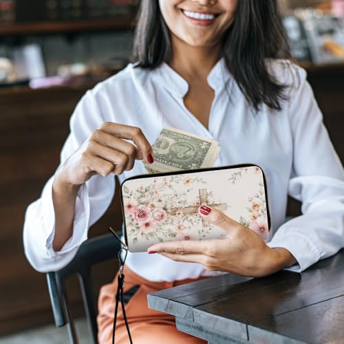Image of Women's Wallets Credit Card Holder Money Leather Long Wallet | Long wallet with Wristlet,Large Capacity with Zip-Around Phone Purse for Women Ladies Girls,Pink Floral Cross Christian