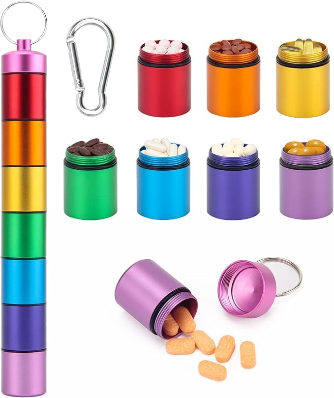 Image of Weekly (7-Day) Pill Box, Multicolored Medicine Planner, Metal Moisture-Proof Portable Week Holder Container, Daily use Planner for Tablet Vitamin Supplement Ideal for Travel and Home, pill case