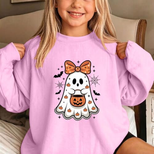 Girls Bow Ghost Pumpkin Bucket Spider Web Halloween Crewneck Sweatshirt - image 5