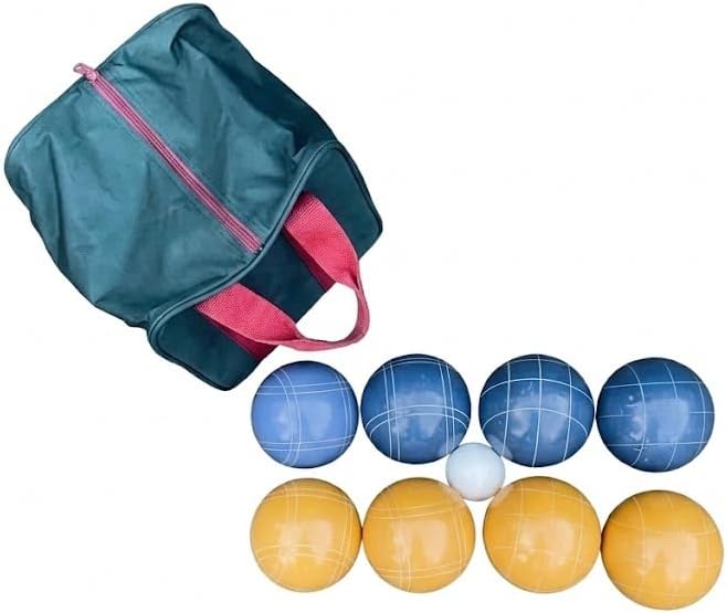 BuyBocceBalls Listing - Made in USA, Premium Quality Tournament Bocce Set - 110mm Blue and Yellow Balls, Nylon Blue Bag, 998 Grams (2 lbs. 3.2 oz.). Various Bag Colors