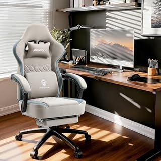 Dowinx Sedia da gaming in tessuto, con cuscino a molle insacchettate, sistema massaggiante, poggiatesta e poggiapiedi, ergonomica (grigio)