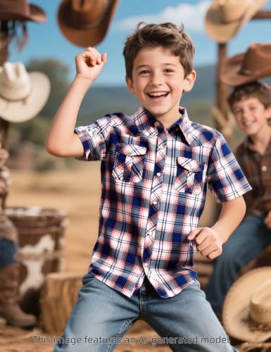 Image of COSLAND Boy's Toddler Cotton Western Short Sleeve Button Down Plaid Shirt, 4-14 Years