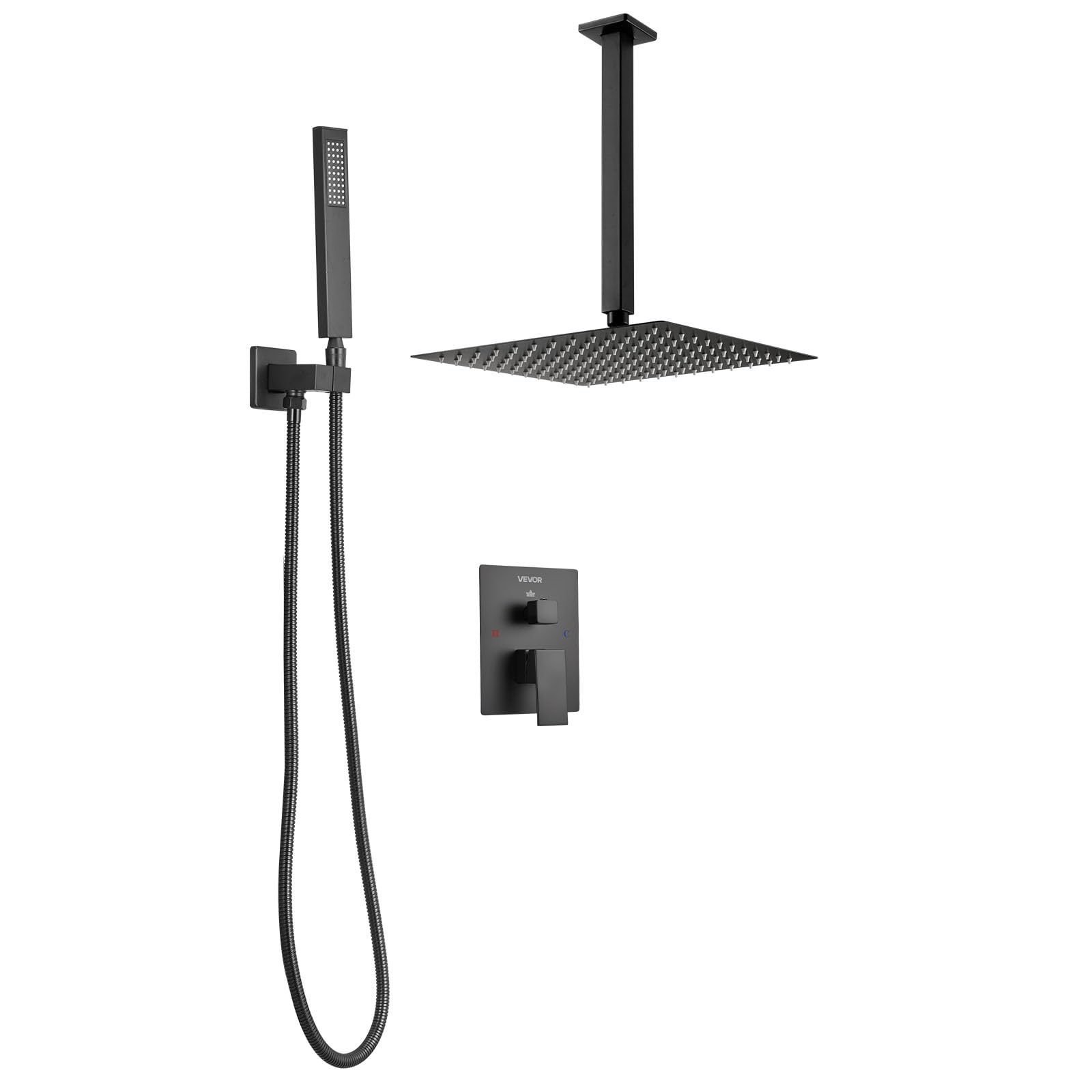 VEVOR Juego de Grifo de Ducha de Lluvia con Cabezal de Ducha Cuadrado de 25,4 cm y Rociador de Mano, Grifería de Techo con Válvula de Latón y Kit de Embellecedor, 6,7 L/min, Color Negro Mate