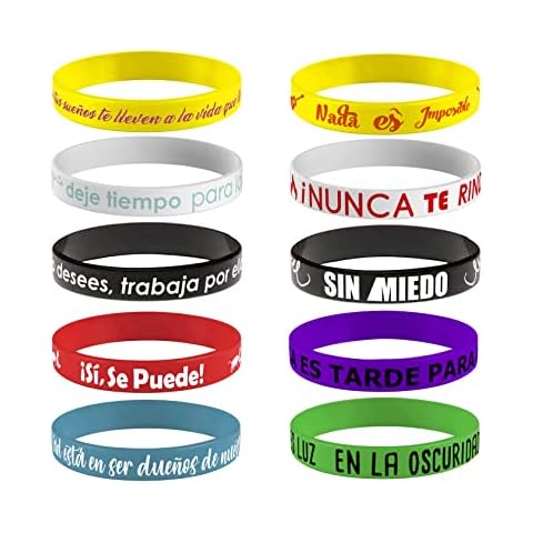 1step2dream 20-Pack Spanish Motivational Rubber Wristbands | 12x202mm Silicone Bracelets with Inspirational Quotes | Teacher Rewards for Classroom Cover