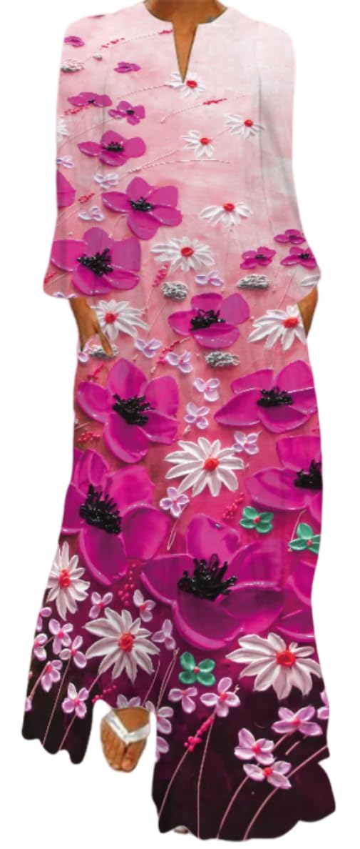 Ocean Plus Abito da Donna Primaverile ed Estivo con Gonna Lunga con Scollo a V Maniche Lunghe con Tasche e Stampa Floreale Ampia