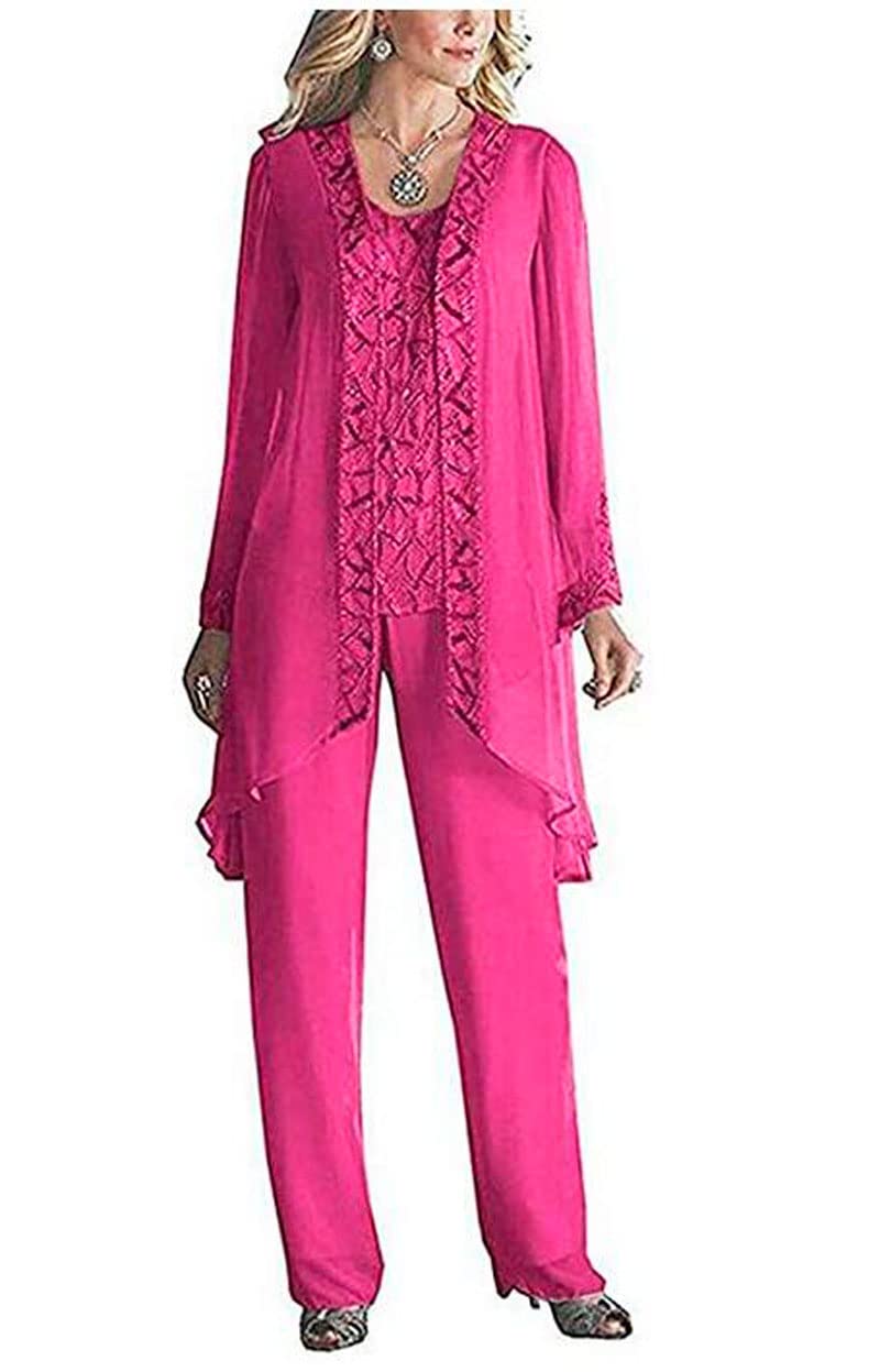 Women's 3 Pieces Chiffon Dress Mother of The Bride Pants Suits with Beaded Jacket Wedding Outfit Evening Gown Fuchsia UK22