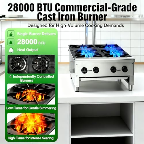 Image of Commercial Gas Stove with 4 Burners, Freestanding Propane and Countertop Natural Gas Range Stove, Stainless Steel Hot Plate, Commercial Cooking Equipment for Restaurant Kitchen, 112,000 BTU