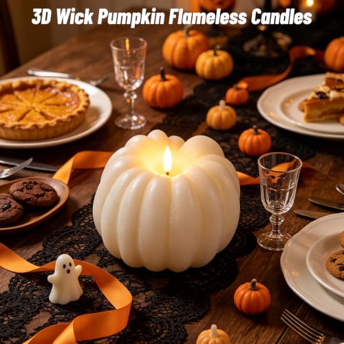 Image of Wondise Fall Decorations Real Wax Pumpkin Candles with Remote Timer