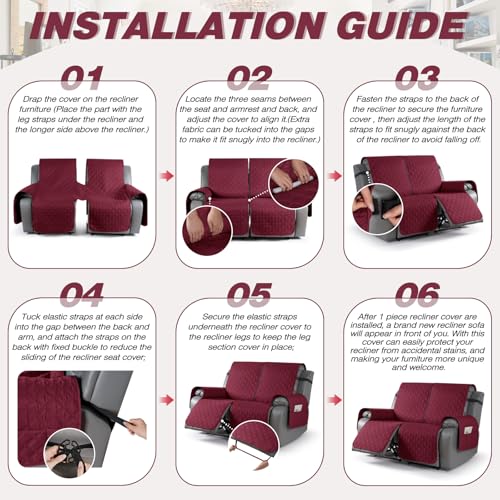 Image of TAOCOCO 100% Waterproof Recliner Covers, Recliner Sofa Covers with Leg Straps, Reversible Recliner Couch Cover for Reclining Chair, Washable Couch Protector for Pets Kids(2 Seater, Wine)