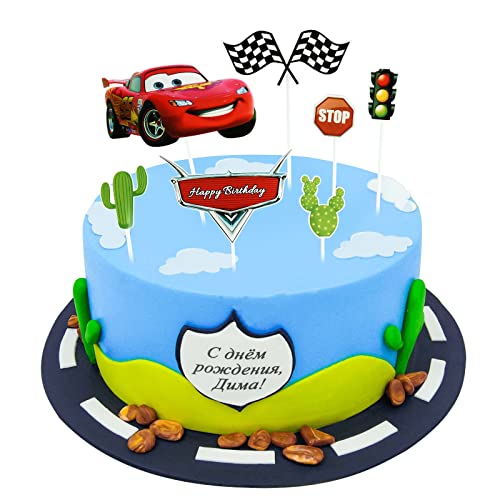 Voiture Cars- Decoration Gateau Anniversaire,7pcs Flash Mcqueen Décoration de Gâteau,Cars Happy birthday Cake Topper,Decoration de Gateau, Fournitures de Fête de Anniversaire pour Garçon