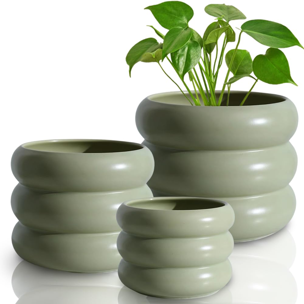 Cusmation 3 Piece Modern Ceramic Planter, 6.5/4.7/3.5 Inch Green Plant Pot Set of 3 Unique Planters for Outdoor Indoor Flower Pots Plants with
