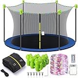 Windyun Breathable Trampoline Net Replacement 6 Poles Safety Enclosure Net with Remote LED Battery String Lights, 6 Pcs Enclosure Pole Cap for 6 Straight Poles Round Frame Trampoline (14 Feet)