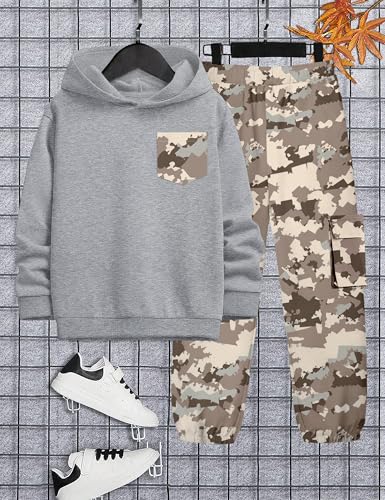 Image of KANGKANG Boys Clothes Two Piece Long Sleeve Hooded Sweatshirt Top Camouflage Sweatpants Fall Outfits Winter Clothes Set 6-16Y