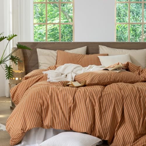 Image of MooMee Striped Duvet Cover Set 100% Washed Cotton Linen Like Queen | Relaxed Linen-like Texture. Soft, Breathable & Long-lasting Comfort. Lightweight. Hidden Zipper with 8 Interior Corner Ties