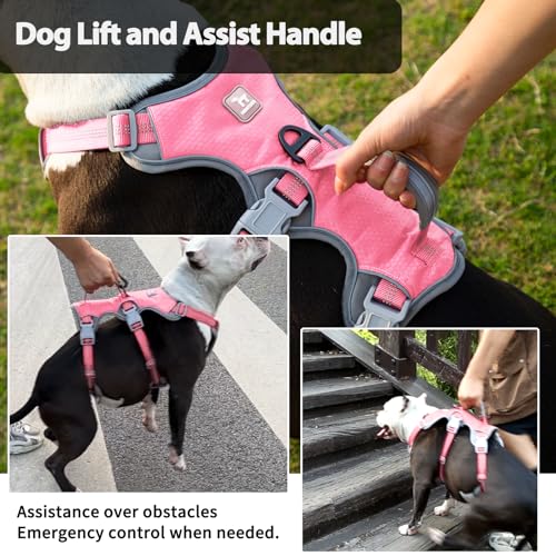 Image of Huntboo Escape Proof Dog Harness, Escape Artist Harness, Reflective Harness with Padded Handle, Breathable, Durable, Adjustable Vest for Medium Dogs Walking, Training, and Running Gear (Pink,L)