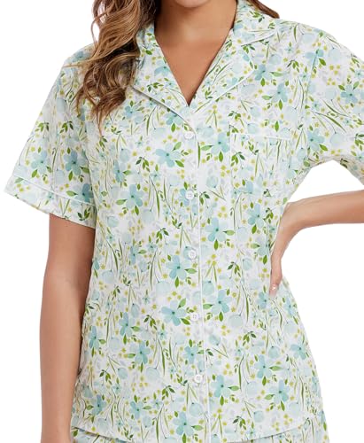 Image of LUBOT 100% Cotton Pajamas for Women 2 Piece PJ Set Poplin Woven Lightweight Ladies Button Short Sleeve Sleepwear S-XXL