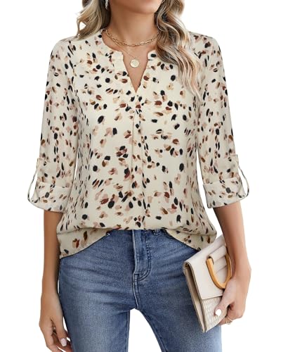 Gaharu Dress Tops Blouses Office: Women's Dressy Business Casual Shirts V-Neck Floral Chiffon Work Attire for Professional Ladies Floral Apricot M