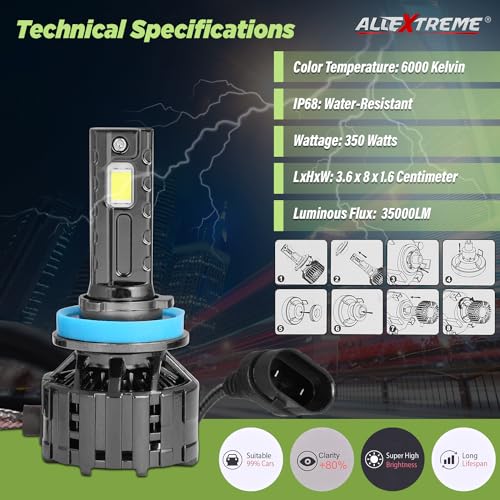 Image of AllExtreme H8 350W LED Headlight Bulb for Cars IP68 Water-Resistant Super Bright 6000K /35000LM Conversion Kit with 3 Copper Tube Heat Conduction System (1 Year Warranty, Set of 2)