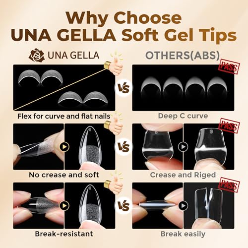 Image of UNA GELLA Almond Gel Nail Tips, 504PCS Pre Etched Clear Fake Nails Tips Medium Almond Shape - 12 Sizes Full Cover Soft Acrylic Press On Nail Extensions No C Curve Gift for Diy at Home
