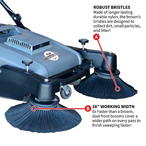 Tomahawk Industrial 38" Walk Behind Push Sweeper with Triple Power Side Brooms Floor Cleaning of Dust Litter Grass