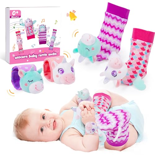 Image of ZapWhiz Baby Wrist and Foot Rattles, Baby Toys 3-6 Months Development Infant Sensory Toys Rattle Socks for Babies 0-6 to 12 Months Newborn Toys for 3 4 5 6 Months Old Baby Girl Shower Gifts Unicorn