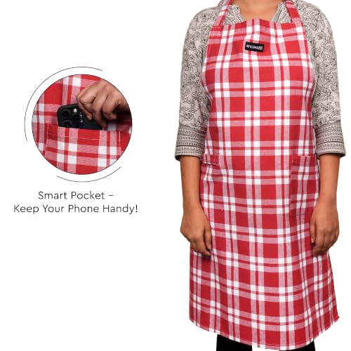 Image of Encasa XO Cotton Cooking kitchen Apron for Women and Men chef apron With adjustable neckstrap, Pocket & Towel Holder for Easy cooking, Baking, BBQ, Gardening- Franca Red Checks, 68x85 cm