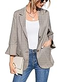 Kidlove Womens Plaid Blazer Jacket 3/4 Sleeve Casual Work Office Suit Coat Open Front Button Down Blazers with Pockets Brown L