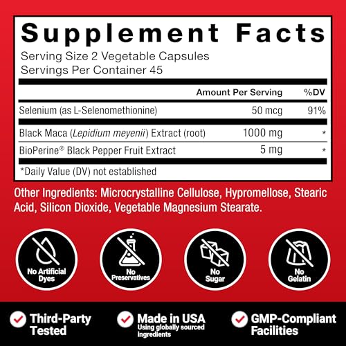 Image of Force Factor Black Maca Root Supplement for Men | 1000mg Maca Negra Extract for Energy, Hormonal Balance & Vitality, Superior Absorption with BioPerine, 90 Capsules