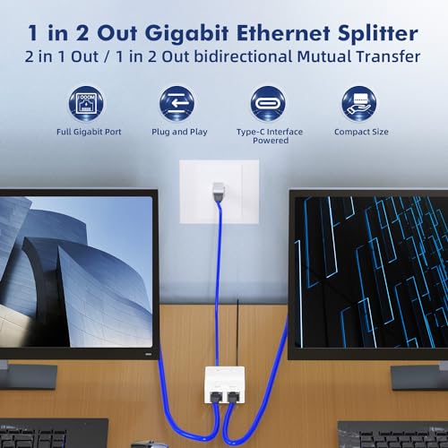Image of Binardat 1 to 2 Gigabit Network Splitter, 3 Port Gigabit Ethernet Switch, Type-C Power Supply, Mini Size Plug and Play (White)