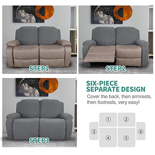 Image of YEMYHOM 6 Pieces Stretch Loveseat Recliner Slipcover Jacquard Recliner Sofa Cover with Side Pocket Fitted Recliner Cover Couch Furniture Protector with Elastic Bottom (Loveseat Recliner, Light Gray)