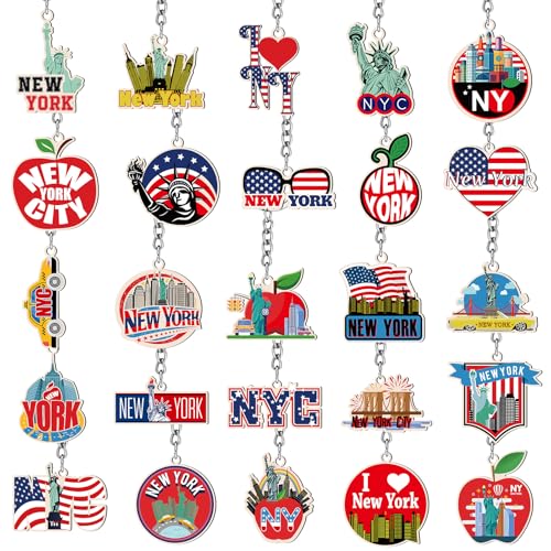 Sureio 25 Pcs Nyc London Metal Keychain New York American UK Patriotic Souvenirs Gifts USA Nyc Souvenir Collection Bulk