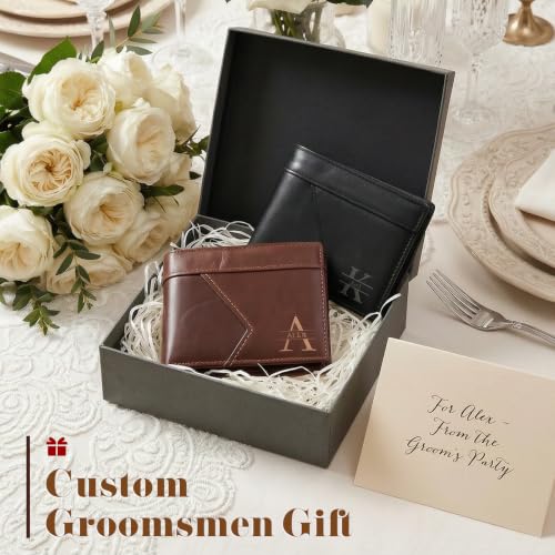 Image of Personalized Leather Wallet for Men, Engraved Wallet for Groomsmen Gifts, Best Man Gift, RFID Blocking Bifold Thin Wallet, Wedding Party & Birthday Gift for Dad Husband (Classic Black)