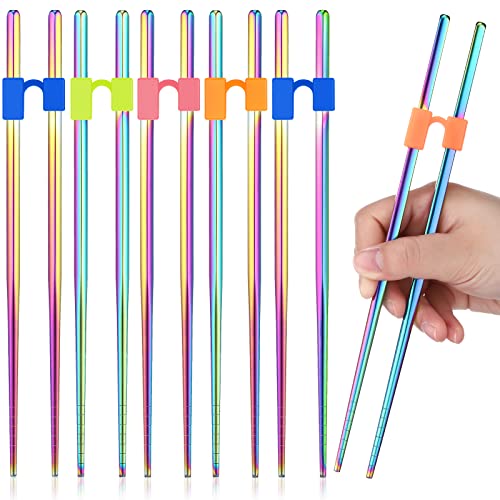 Tessco for you 5 Pairs Training Chopstick Helpers Reusable Chopsticks for Beginner Non Slippery Replaceable Practice Heat Resistant Holder with Clip for Trainer(Stainless Steel,Colorful)