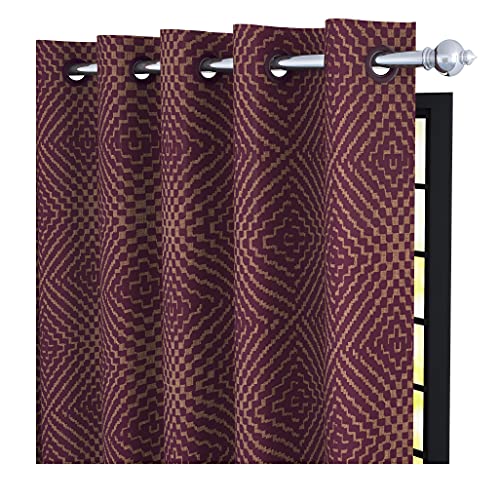 Image of Story@Home Bloom Collection Jacquard Lavish and Modern Rich Geometric Print 4 Piece Eyelet Ring top Door Curtain for Bedroom and Hall - 7 Feet, Mulberry