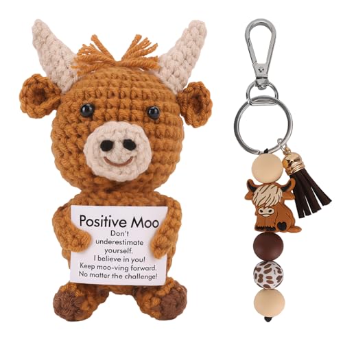 QBEJIME Highland Cow Gifts For Women Positive Crochet Animals Cow Keyring Positive Gifts Emotional Support Funny Creative Cute Cheer Up Keepsake Gift For Friends Student Christmas