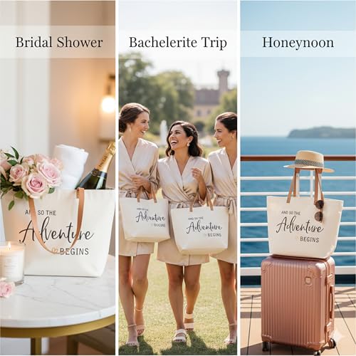 Image of ELEGANTPARK Bridal Shower Gifts for Bride to Be Gifts Engagement Bachelorette Wedding Party Retirement Graduation Present So The Adventure Begins Canvas Tote Bag with Zipper and Pocket