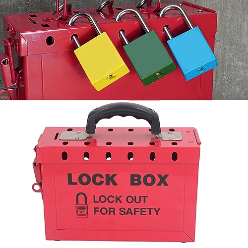 Cassetta Porta Lucchetti in Acciaio Inossidabile Rossa, Capacità 13 Lucchetti, con Maniglia Ergonomica e Coperchio a Cerniera per Sicurezza Industriale Lockout Tagout