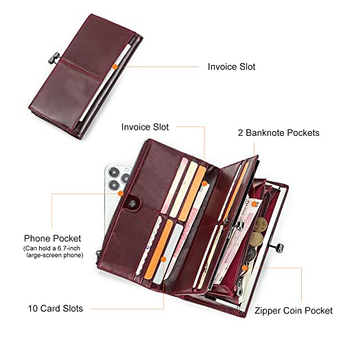 Image of CONTACTS Kiss Lock Wallet for Women Leather Kiss Clasp Purse Bifold Wallets Card Phone Holder Clutch with Rfid Blocking (Red)