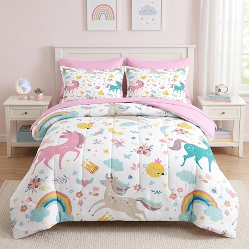 Nesker 5 Pcs Comforter Set Twin Size Cute Colorful Unicorns Bedding Set for Kids Teen Cloud Rainbow Bed Sheet with Pillowcase & Sham
